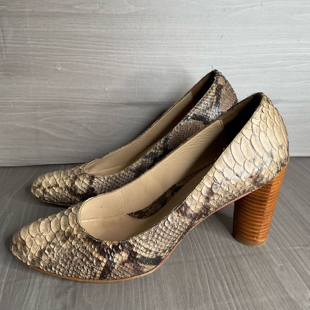 Vintage Boutique 9 Women's Sz 9 M Pump Tan Leather Snake Skin Cone Heels Neutral